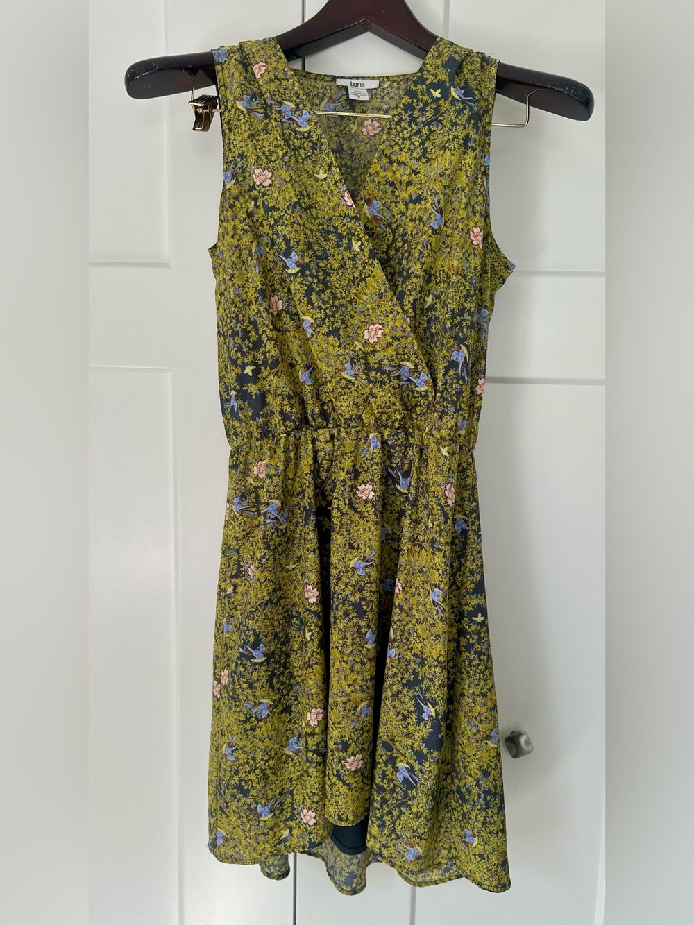 Bar III Olive Green Floral Midi Dress with Blue Bird Motif